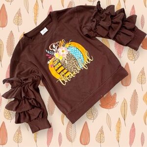 Girls XL Brown “Thankful” Pumpkin Long Sleeve Ruffle Sleeve Top Cotton/Spandex